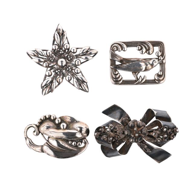 group-of-four-vintage-signed-silver-brooches