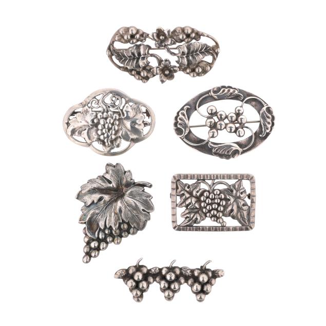 group-of-six-silver-grape-motif-brooches