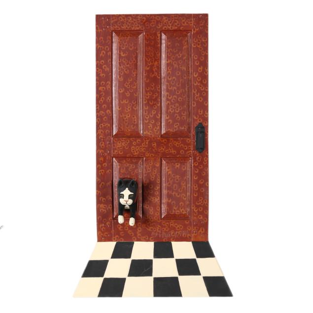 stephen-huneck-american-1948-2010-cast-aluminum-cat-in-door-sculpture
