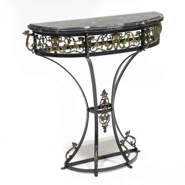 manner-of-oscar-bach-iron-bronze-and-marble-console-table-and-mirror