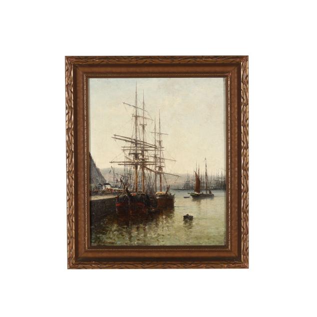 louis-etienne-timmermans-belgian-1846-1910-ships-moored-at-harbor