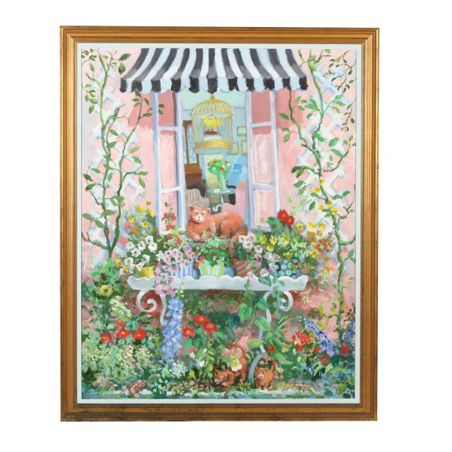 dan-poole-american-1942-2023-cheery-window-with-cat-and-kittens