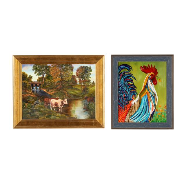 sharon-densmore-nc-autumnal-landscape-with-cows-watering-and-rooster-two-paintings