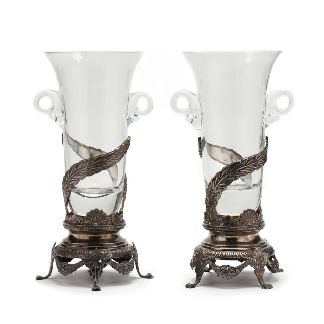 castilian-imports-pair-of-vintage-silver-plated-and-blown-glass-centerpiece-vases