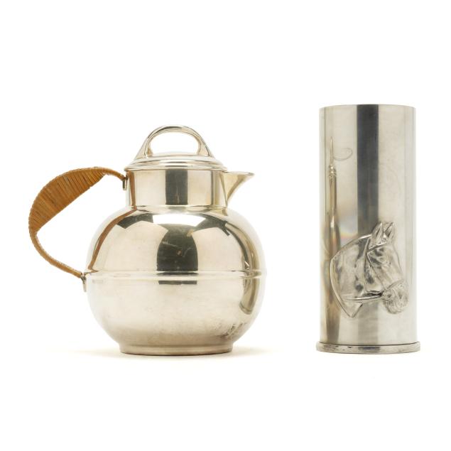 mid-century-silver-plated-teapot-and-equestrian-theme-bud-vase