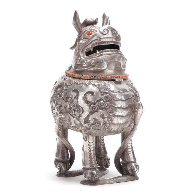 a-tibetan-silver-mythical-beast-censer-with-inlay