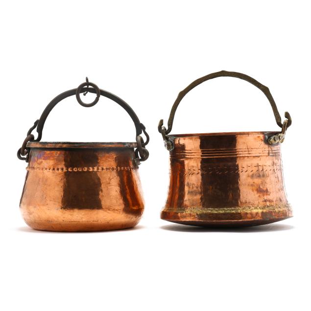 two-vintage-hammered-copper-buckets