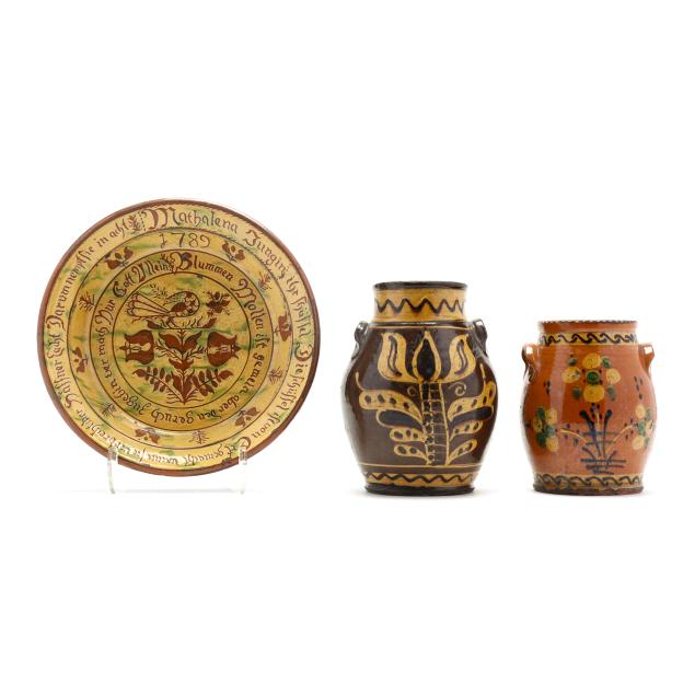 greg-shooner-oregonia-ohio-three-decorated-redware-pottery-forms