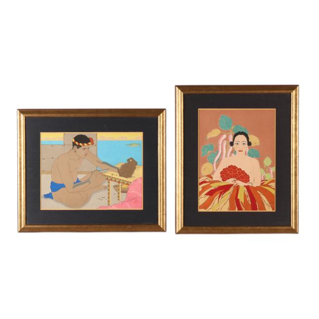 paul-jacoulet-french-1902-1960-i-la-fille-du-chef-i-i-le-sculpteur-de-tokobuei-mers-du-sud-i-two-works