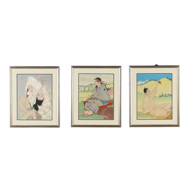 paul-jacoulet-french-1902-1960-i-les-bons-piments-rouges-johokuri-coree-i-i-homme-au-sabre-aino-hokkaido-i-i-flocons-de-neige-pengyong-coree-i-three-works
