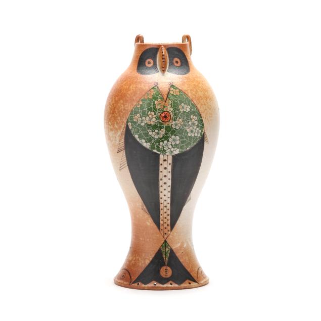 fred-johnston-and-carol-gentithes-seagrove-nc-stoneware-owl-and-fish-vase
