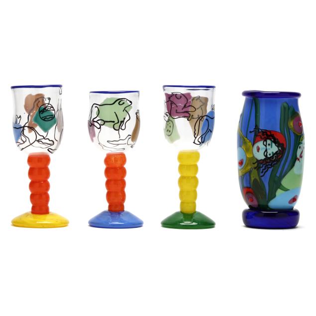 katherine-and-william-bernstein-nc-glass-vase-and-three-goblets
